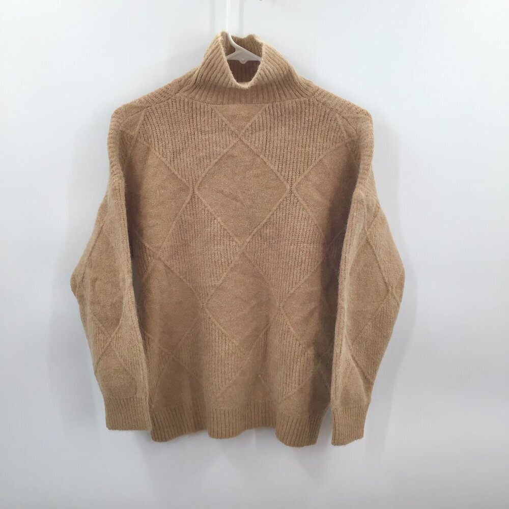 Women's Wool Cotton Classic Harlequin Sweater Tan Preppy Turtleneck Quiet Luxury